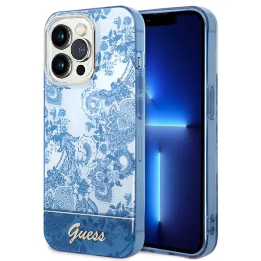 Guess GUHCP14XHGPLHB Porcelain Collection maciņš telefonam iPhone 14 Pro Max zils