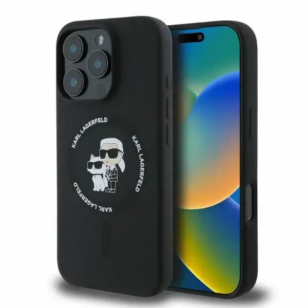 Karl Lagerfeld KLHMP16XSCMKCRHK Silicone KC Heads telefono dėklas su stovu ir MagSafe palaikymu iPhone 16 Pro Max juodas