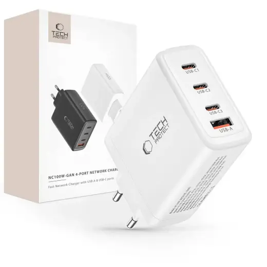 Tech-Protect NC100W зарядное устройство | 100W | GaN, PD, QC 3.0 | USB-C, USB-A | белое