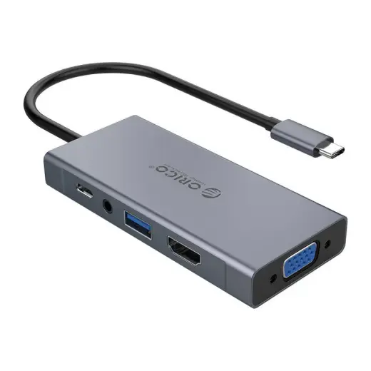 Адаптер-концентратор Orico 5-в-1, HDMI 4K + USB 3.0 + VGA + AUX + USB-C PD 60 Вт