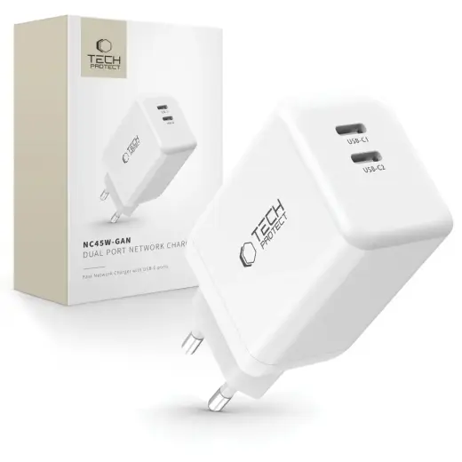 TECH-PROTECT NC45W зарядное устройство | 45W | GaN, PD | USB-C | белое