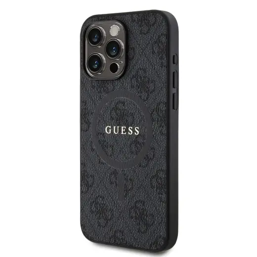Guess PU Leather 4G Colored Ring MagSafe Чехол для iPhone 15 Pro Max черный