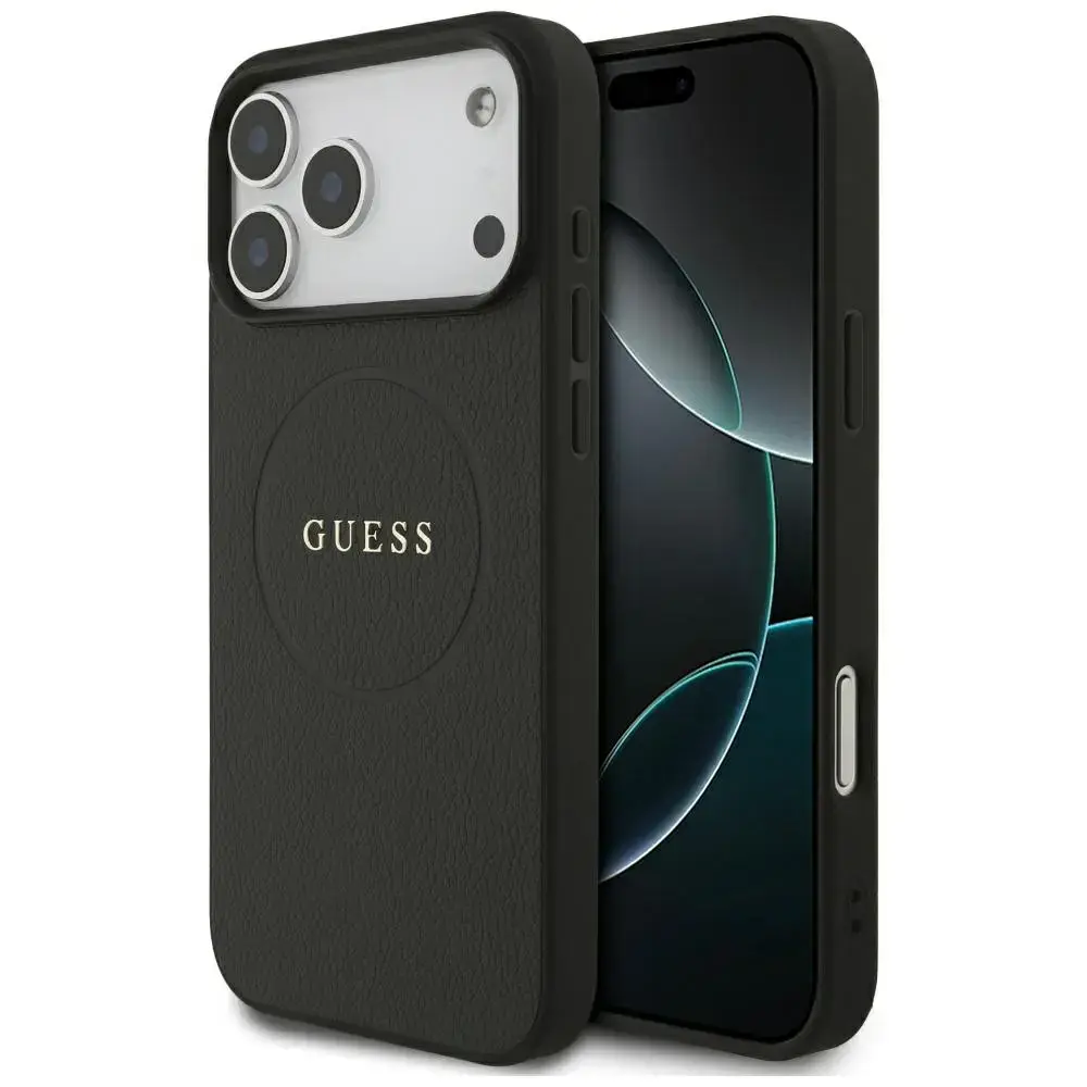 Guess Grained Gold Ring MagSafe Case for iPhone 18 Pro Max / iPhone 17 Pro Max Black
