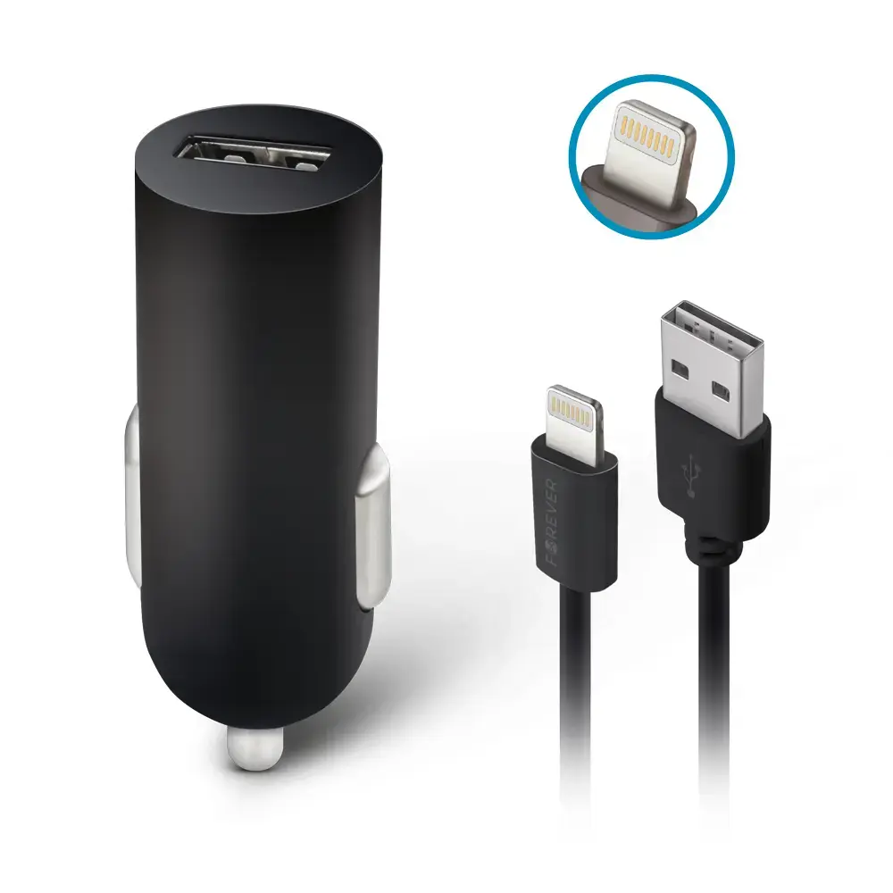 Зарядка для автомобиля Forever M02 | 5W | USB-A, Lightning | с кабелем Lightning в комплекте | черная