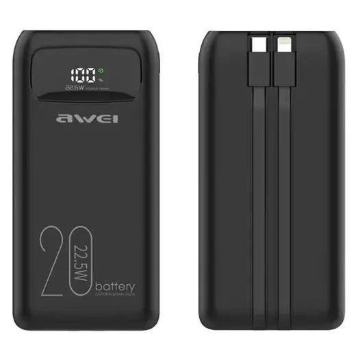 AWEI P169K external battery (powerbank) | 20000 mAh | 22.5W | USB-C, Lightning | black