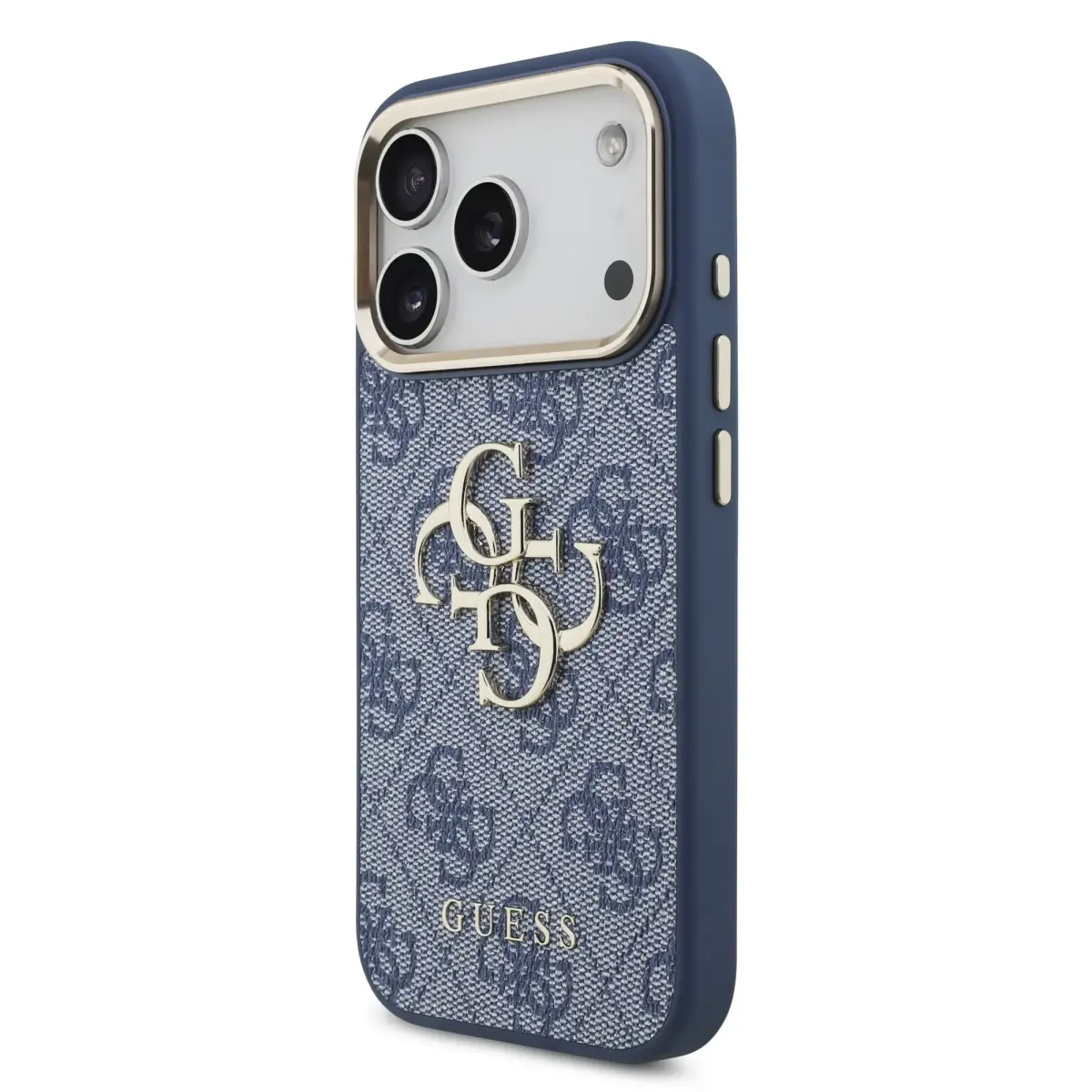 Guess PU Leather 4G Metal Logo Gold Frame Case for iPhone 18 Pro Blue