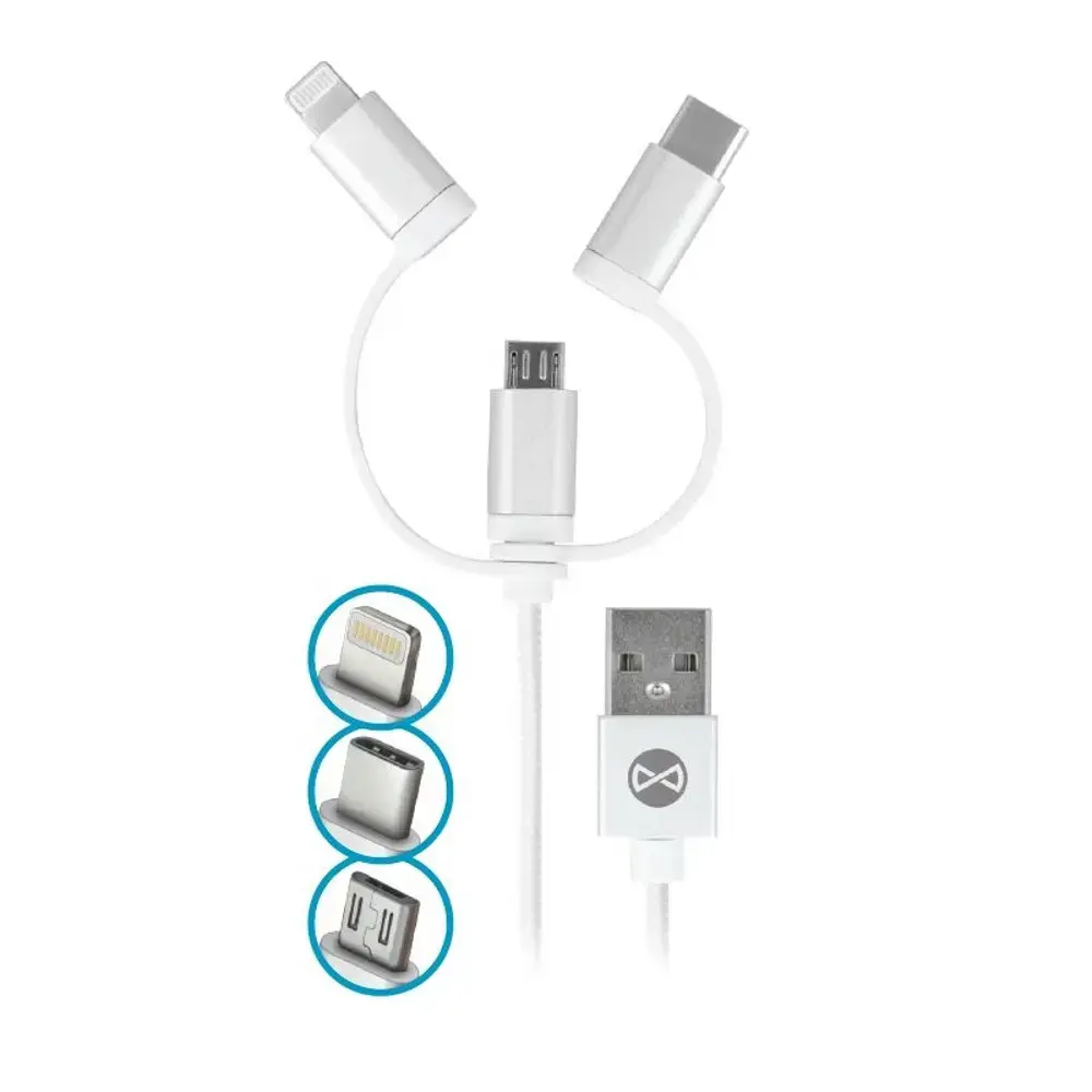 Универсальный кабель Forever 3-в-1 для передачи данных и зарядки | USB-A — Lightning, USB-C, Micro USB | 7,5 Вт | 1 м | белый
