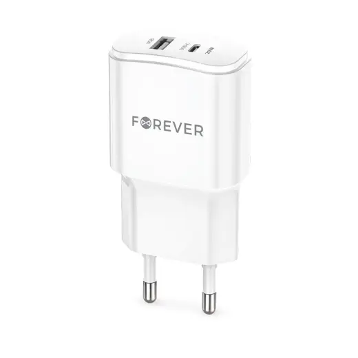 Forever TC-01-20AC travel charger | 20W | PD, QC | USB-C, USB-A | white