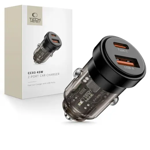 Tech-Protect CC03 auto lādētājs | 45W | PD, QC | USB-A, USB-C | melns