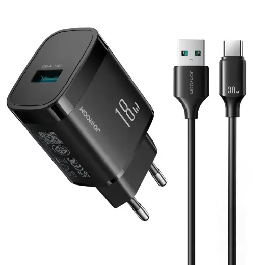 Joyroom JR-TF4 tīkla lādētājs | 18W | USB-A, USB-C | ar USB-A uz USB-C vadu komplektā | melns