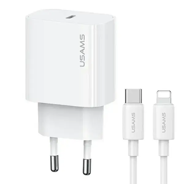 USAMS Yi Series OYXLTZ02 travel charger | 30W | PD | USB-C, Lightning | with USB-C to Lightning cable included | white