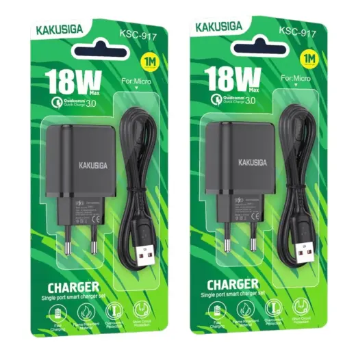 KAKUSIGA KSC-917 reisilaadija | 18W | USB-A | USB-C - USB-C kaabel kaasas | must