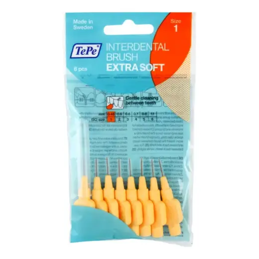 TePe Interdental Brush Extra Soft  Supersoft Dental Brush for Teeth Cleaning  Pack of 8  0.45 Mm  Extra-Small/Small Gaps  Orange  Size 1