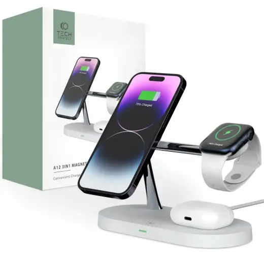 Tech-Protect A12 3-in-1 bezvadu lādētājs | Qi | Saderīgs ar MagSafe | balts