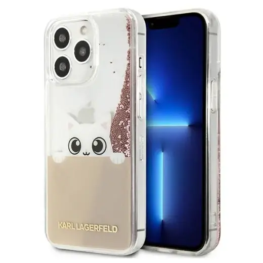 Karl Lagerfeld KLHCP13XPABGNU PEEK A BOO Liquid Glitter maciņš telefonam iPhone 13 Pro Max rozā (kaķis)