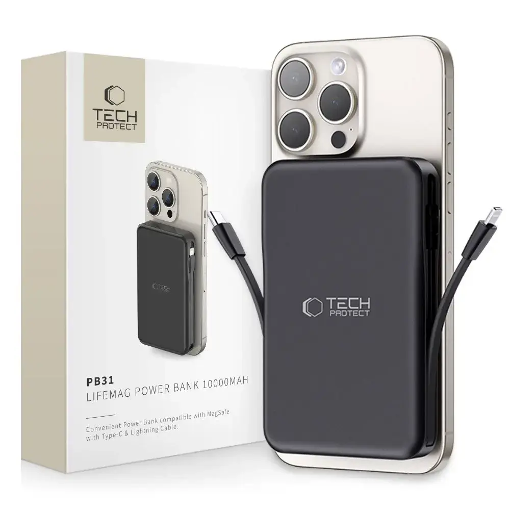 Tech-Protect LifeMag PB31 external battery (powerbank) | 10000 mAh | 15W | USB-C, USB-A, MagSafe, Lightning | black