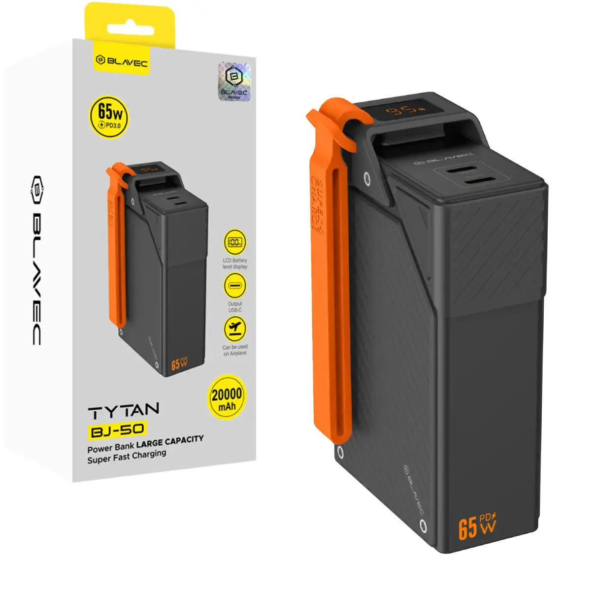 Blavec BJ-50 Tytan ārējais akumulators (powerbank) | 20 000 mAh | 65W | USB-C | melns
