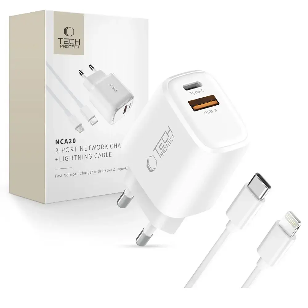 Зарядное устройство Tech-Protect NCA20 | 20W | PD, QC | USB-A, USB-C, Lightning | с кабелем USB-C на Lightning в комплекте | белое
