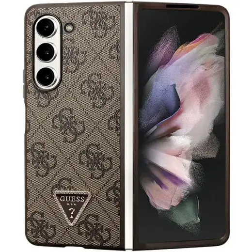 Guess GUHCZFD5P4TDPW Triangle Strass ādas maciņš telefonam Samsung Galaxy Z Fold 5 brūns