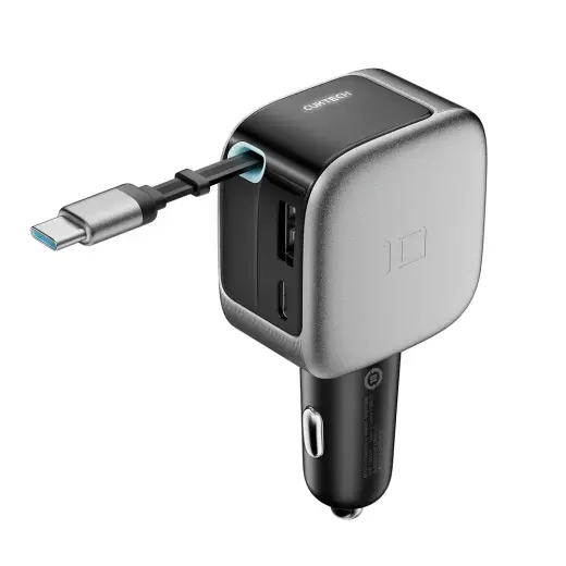 Cuktech CC903P auto lādētājs | 100W | USB-C, USB-A | ar iebūvētu ievelkamu USB-C vadu (70 cm) | pelēks
