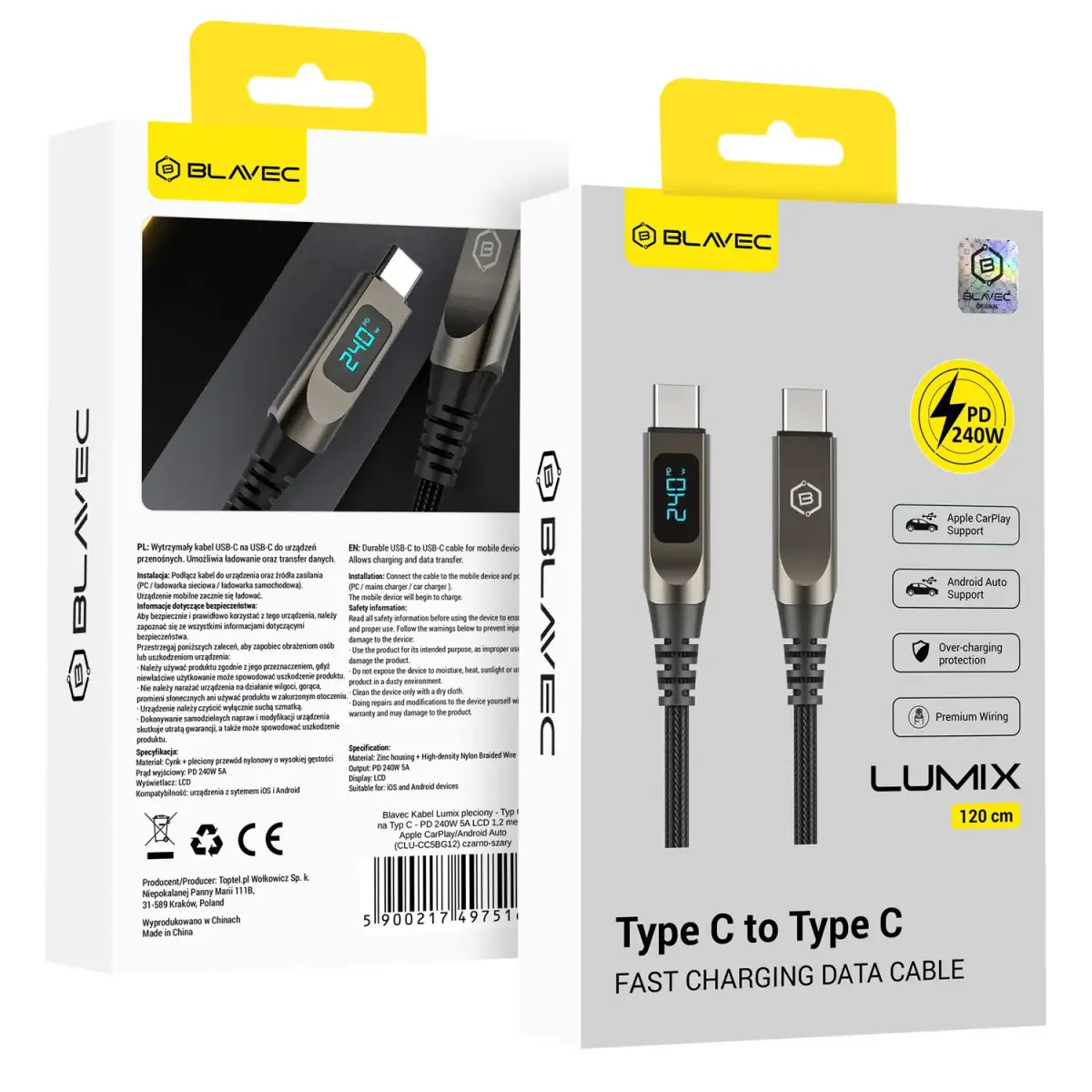 Blavec Lumix CLU-CC5BG12 andmeedastus- ja laadimiskaabel | USB-C kuni USB-C | QC | 240W | LED ekraaniga | 1.2m | must, hall