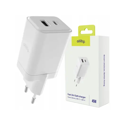 Allity wall charger GaN PD QC ATC-01-45WAC 1x USB-C 1x USB-A 45W white