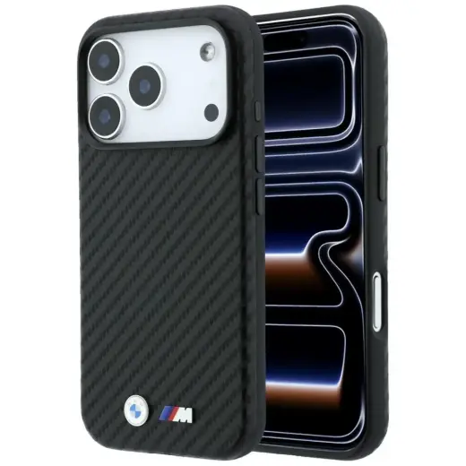 BMW M Carbon Metal Logo maciņš ar MagSafe atbalstu telefonam iPhone 18 Pro Max melns