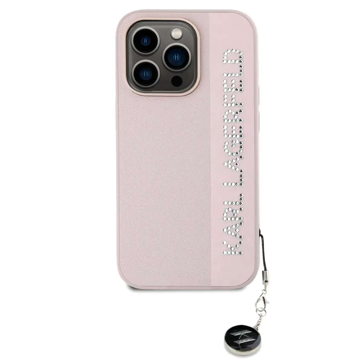 Karl Lagerfeld PU Saffiano Rhinestone Charm telefoni ümbris iPhone 14 Pro roosa