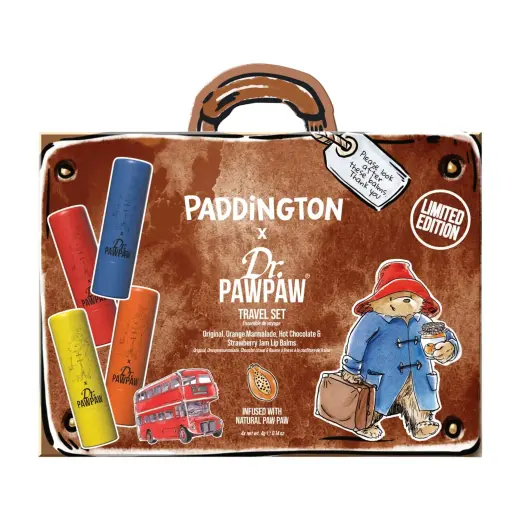 Set Dr. PawPaw: Paddington Orange Marmalade, Hydrating, Lip Balm, 4 g + Paddington Bear Original Balm, Vegan, Lip Balm, 4 g + Strawberry Jam, Hydrating, Lip Balm, 4 g + Hot Chocolate, Hydrating, Lip Balm, 4 g
