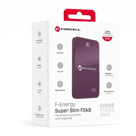 Forcell F-Energy SuperSlim F5K8 ārējais akumulators (powerbank) | 5 000 mAh | 15W | PD, QC | MagSafe | sarkans