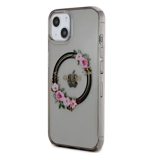 Guess PC|TPU Flowers Ring Glossy Logo maciņš ar statīvu un MagSafe atbalstu telefonam iPhone 13 melns