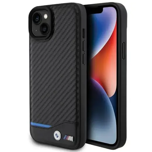 BMW BMHCP15M22NBCK Leather Carbon telefono dėklas iPhone 15 Plus | iPhone 14 Plus juodas
