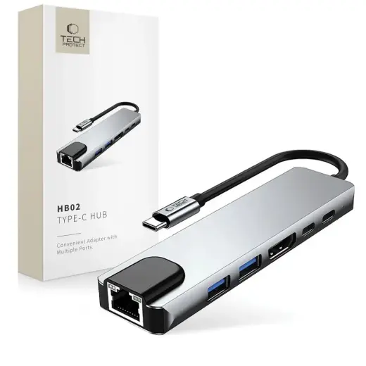 Tech-Protect HB02 6-in-1 USB-jaotur | USB-C kuni USB 2.0, USB 3.0, USB-C, HDMI, RJ45 | 100W | hall